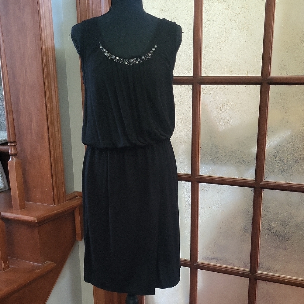 LOFT Black Sleeveless Dress with Beaded Neckline